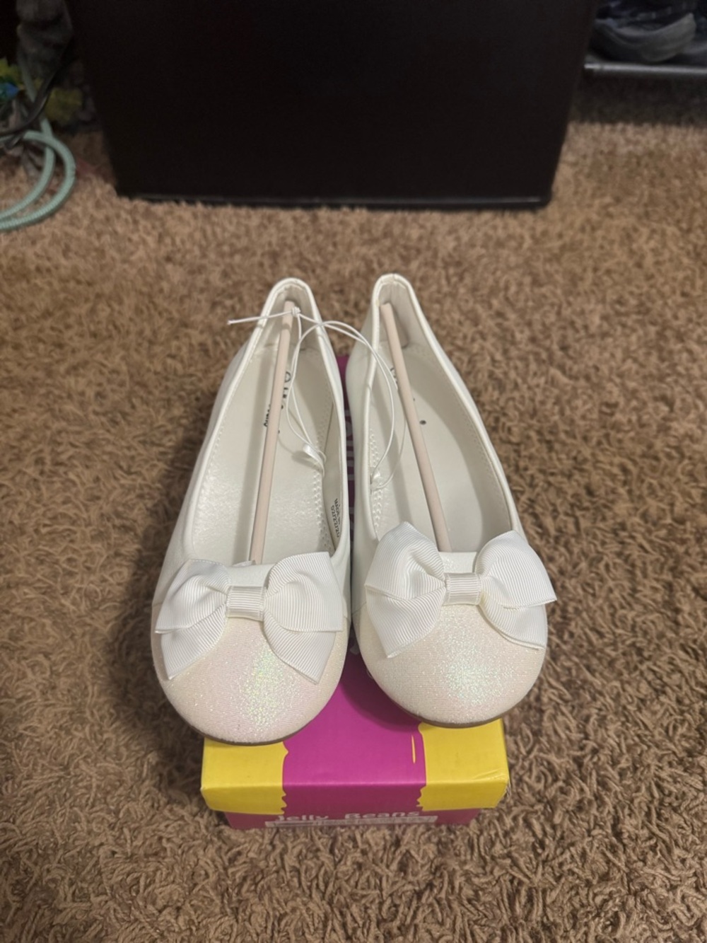 Jelly Beans Girls White Glitter Bow Ballet Flats